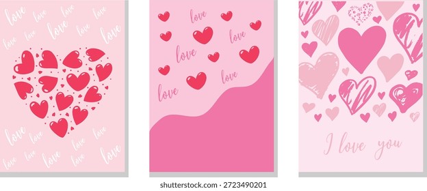 Un trío de encantadoras tarjetas de felicitación con múltiples corazones en varios tonos de rosa, adecuados para expresar amor y afecto.