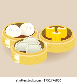 trio of chinese dimsum appetizers. Dimsum in the steam basket . Chinese dimsum bamboo steamer. Vector illustration.