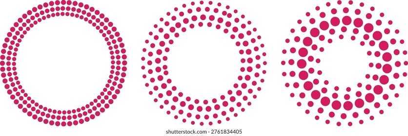 A trio of circular dot patterns featuring a solid ring and two radial designs with dots increasing in size or density outwards.