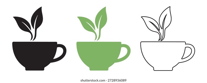 Trio of coffee or tea cups with sprouting leaves, black, green silhouette, and outline, on white background. concept of eco-friendly beverage, sustainability, nature, cafe, design element.