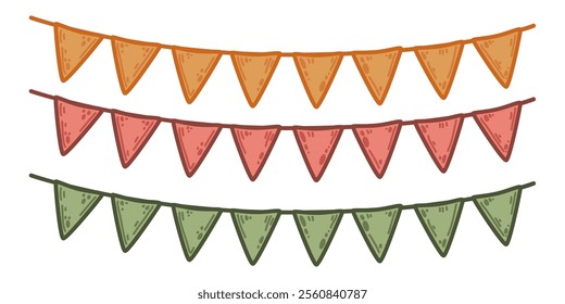 Trio of colorful bunting strings in orange, red, and green hues. Vector set illustration in simple cartoon style festive decor ideal for woodland or rustic-themed celebrations