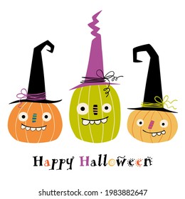 Trio of colorful Halloween pumpkins with witch hat. Cute and funny jack-o'-lantern characters. Flat style vector illustration, isolated on white background.