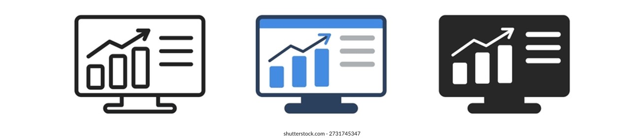 Un trío de pantallas de computadora que muestran gráficos de tendencia ascendente, que simbolizan el crecimiento y el progreso en los negocios.