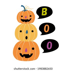 Trio of cute jack-o'-lanterns saying "Boo". Stacked three pumpkins with speech bubbles. Flat style vector illustration, isolated on white background.