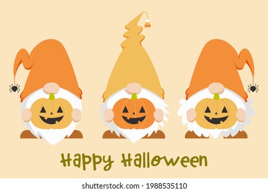 Trio of cute Scandinavian gnomes in Hallooween costume, holding pumpkins. Flat cartoon style vector illustration of Halloween themed Scandinavian gnomes.