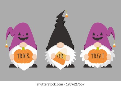 Trio of cute Scandinavian gnomes in Hallooween costume, holding pumpkins and candy corn. Flat cartoon style vector illustration of Halloween themed Scandinavian gnomes.