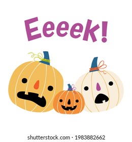 Trio of cute and whimsical Halloween pumpkin characters. Not spooky jack-o'-lanterns screaming, Eeek! Flat style vector illustration, isolated on white background.