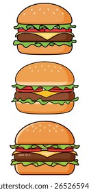 Um trio de deliciosos cheeseburgers estilo cartoon empilhados verticalmente contra um fundo branco. Cada hambúrguer apresenta um pão de semente de gergelim, alface, tomate, queijo e uma empada grossa.