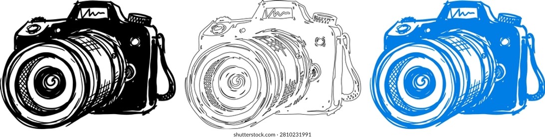A trio of digital single-lens reflex cameras are presented as freehand sketches, showcasing variations in color – black, a simple outline, and vibrant blue – against a clean white backdrop.