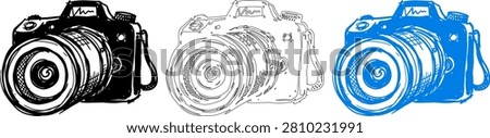 A trio of digital single-lens reflex cameras are presented as freehand sketches, showcasing variations in color – black, a simple outline, and vibrant blue – against a clean white backdrop.
