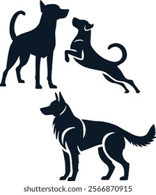 A trio of dogs captured in bold silhouette standing, leaping, and watching with grace.