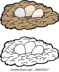 Trio of eggs in cartoon nest over isolated background