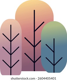 Trio of elongated pastel-hued trees featuring simplified branch lines and soft gradient transitions across pink, purple, and green tones