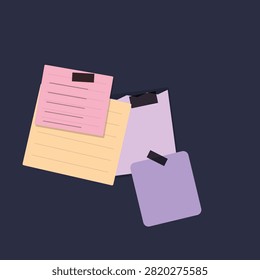 A trio of folded paper documents in pink, yellow, and blue with black binder clips, arranged casually in space.
