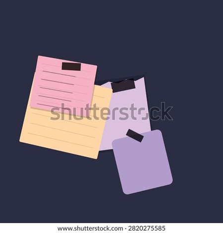 A trio of folded paper documents in pink, yellow, and blue with black binder clips, arranged casually in space.