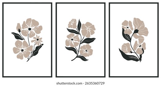 A trio of framed floral posters presents botanical art in muted tones. The prints evoke a serene, natural ambiance with their minimalist, elegant design.