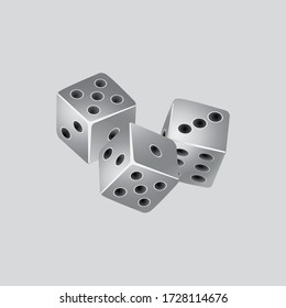 Trio Of Game Silver Dice Over Gray Square Background