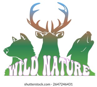 Trio of green animal silhouettes with forest vibe and “Wild Nature” text. Perfect for eco, adventure, and nature themes.
