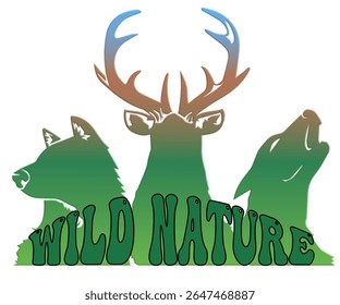 Trio of green animal silhouettes with forest vibe and “Wild Nature” text. Perfect for eco, adventure, and nature themes.