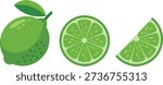 A trio of green lime visuals: a complete fruit, a precisely cut round slice, and a useful small wedge, all on white.