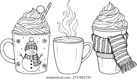Un trío de bebidas calientes dibujadas a mano, incluyendo una taza con un muñeco de nieve y crema batida, una taza humeante y una taza con una bufanda y cobertura batida.