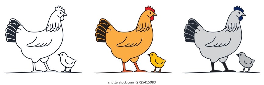 Un trío de ilustraciones de gallinas y pollitos en varios estilos y colores