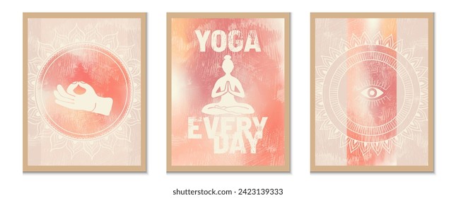 Trio of inspiring posters. Featuring a hand-drawn mandala with Mudra, 'Yoga Every Day' text and an eye symbolizing awakening, all set against soft peachy-beige pastel backgrounds brushed with strokes