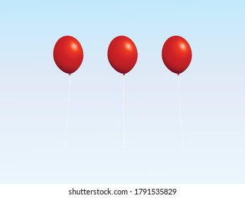 Trio Of Isolated Red Balloons With Strings And Light Reflection Over White And Light Blue Background