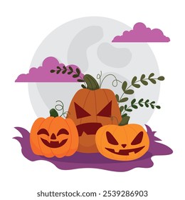 Trio de jack-o -lanterna abóboras com várias expressões, fundo de lua cheia, ilustração Vetor