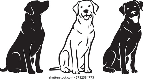 Ein Trio von Labrador Retriever Darstellungen, einschließlich einer soliden schwarzen Silhouette, eine weiße Umrisse, und ein detaillierter schwarz-weißer Hund.