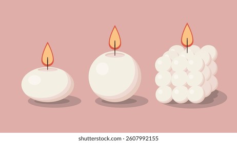 A trio of lit candles in varying forms: a sphere, an oval, and a cluster of small spheres. Each white candle has a flickering orange flame and soft shadow.