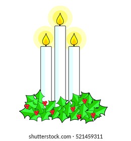 A trio of lit white candlles sitting in a bed of holly and berries