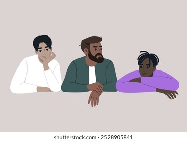 A trio of men sits closely together, each deep in thought, their expressions reflecting a mix of curiosity, contemplation, and connection, highlighting their shared experience