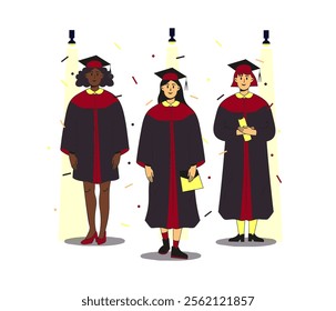 Trio of multiethnic female students wearing gown and cap at graduation ceremony.