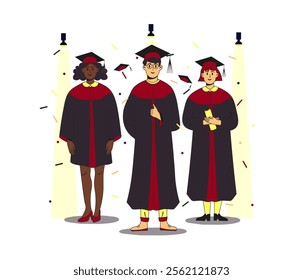 Trio of multiethnic students wearing gown and cap at graduation ceremony.