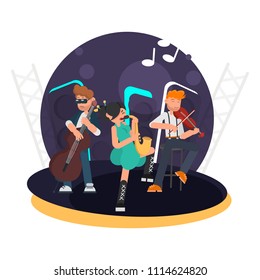 Trio musicians for cello, violin and saxophone on stage color flat illustration