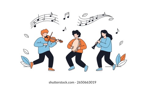 A trio of musicians performing together with joyful melodies and musical notes flowing around them