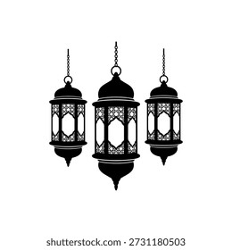 Un trío de ornamentados faroles árabes, con intrincados patrones y delicadas cadenas, presentados como una cruda silueta en blanco y negro.