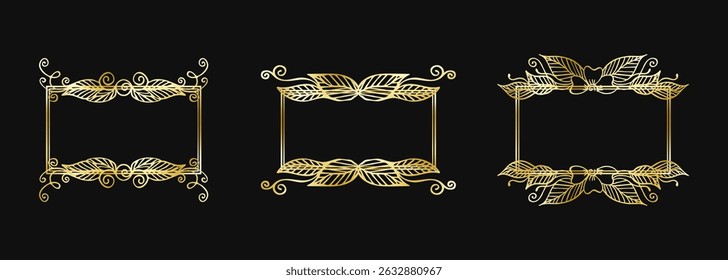 A trio of ornate golden rectangular vector frames, each isolated, featuring intricate leafy and scrollwork details. Perfect for elegant invitations or luxurious design elements.