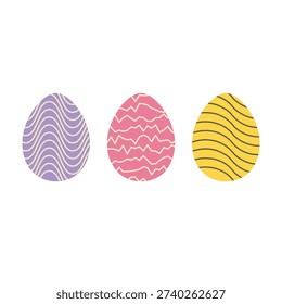 Trio of patterned eggs in pastel purple, pink, and yellow.