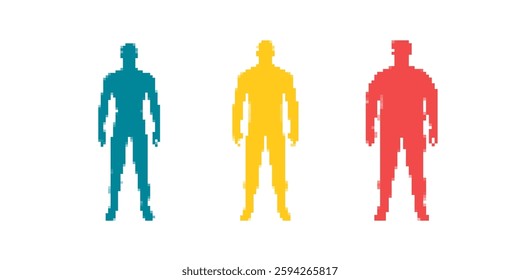 Trio of pixel silhouettes in blue, yellow, red colors shows minimalistic digital art design.