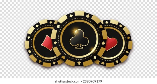 Trio of playing chips or token. Gambling coin with suit clubs. Realistic playing chip with the suit of clubs in the center, gambling tokens. Banner for web app or site. Concept poker or casino.