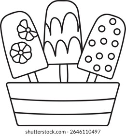 A Trio of Popsicles in a Striped Container Black and White Line Art Whimsical Dessert Theme Simple Design Cute and Playful Food Illustration
