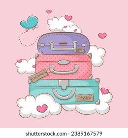 Trio of retro suitcases in lilac, pink and blue with fluffy clouds and pink hearts.