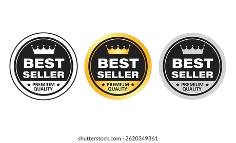 Trio of round best seller premium quality labels in black, gold, and silver colors with crown and star symbols, used for trusted product packaging and branding	