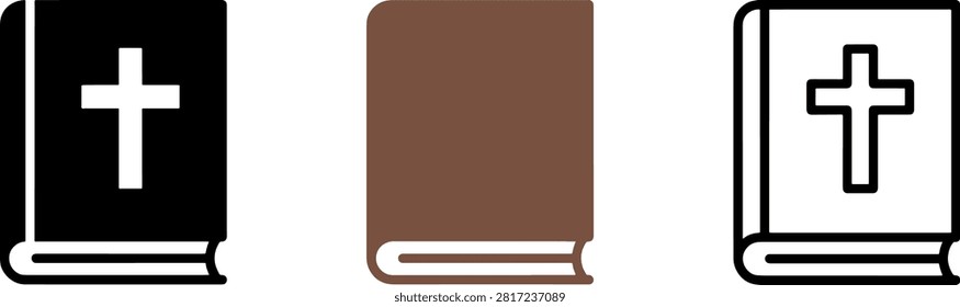 A trio of simplified book graphics one black with a white cross one plain brown and outlined with cross. Useful for faith-based or educational concepts.