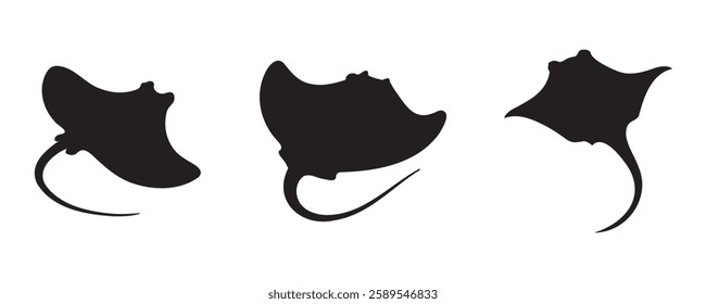 A trio of stingray silhouettes in various dynamic shapes, showcasing their graceful movement. Ideal for marine-themed designs, logos, and artistic illustrations