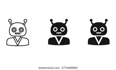 A trio of stylish alien characters wearing business suits and ties, each with antennae, depicted in a minimalist line art style.