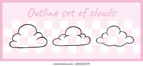 A trio of stylized cloud outlines in black over a light pink checkered backdrop, perfect for creative or digital projects