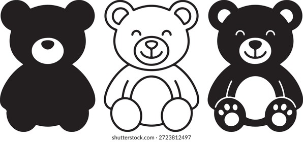 Un trío de iconos de osito de peluche que presentan estilos variados: un negro sólido, un contorno simple y una ilustración detallada en blanco y negro.